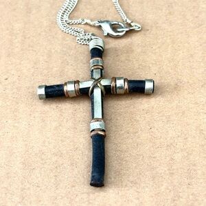 Silver, brass and Black leather Cross Pendant Necklace
